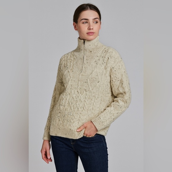 Aran Crafts Ireland Cream Wool Sweater Half Zip Cable Knit Size Large - Picture 1 of 9